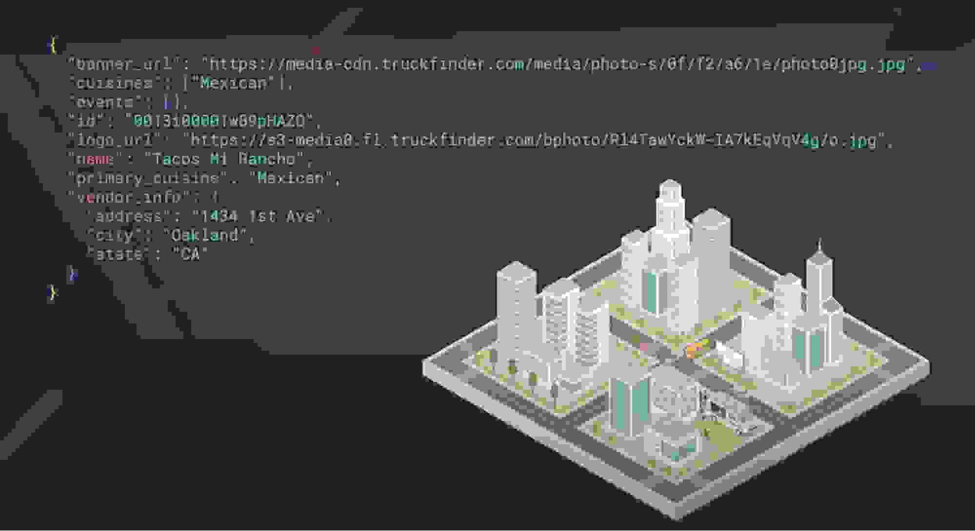JSON code with a city graphic in foreground
