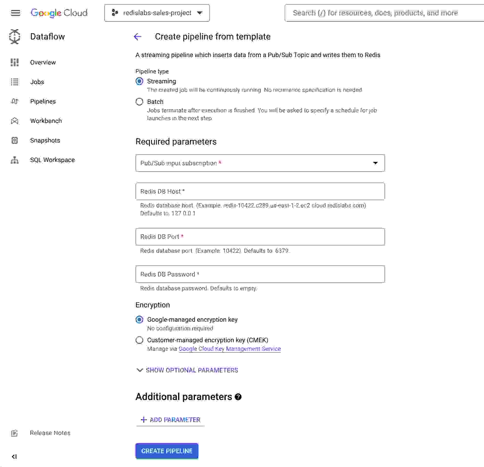 A Google cloud template for adding the cloud dataflow to redis enterprise: create the pipeline from the template