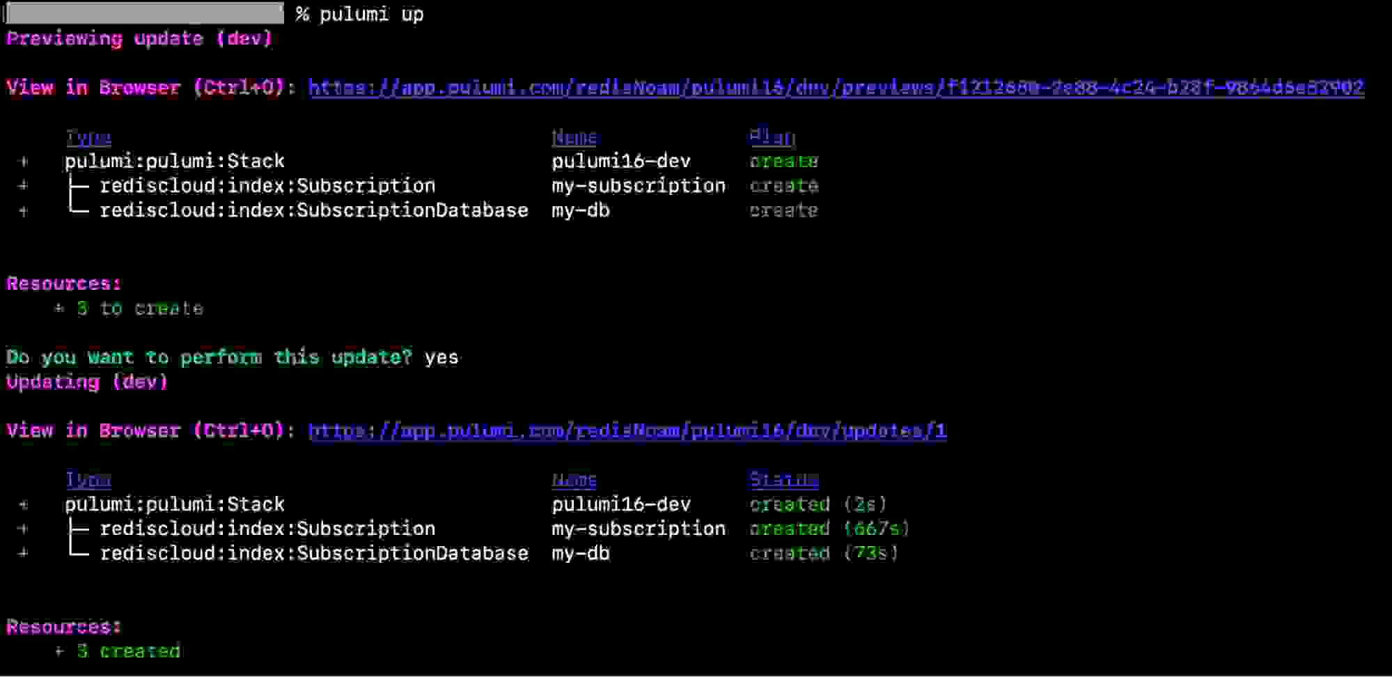 created resources with pulumi and redis.