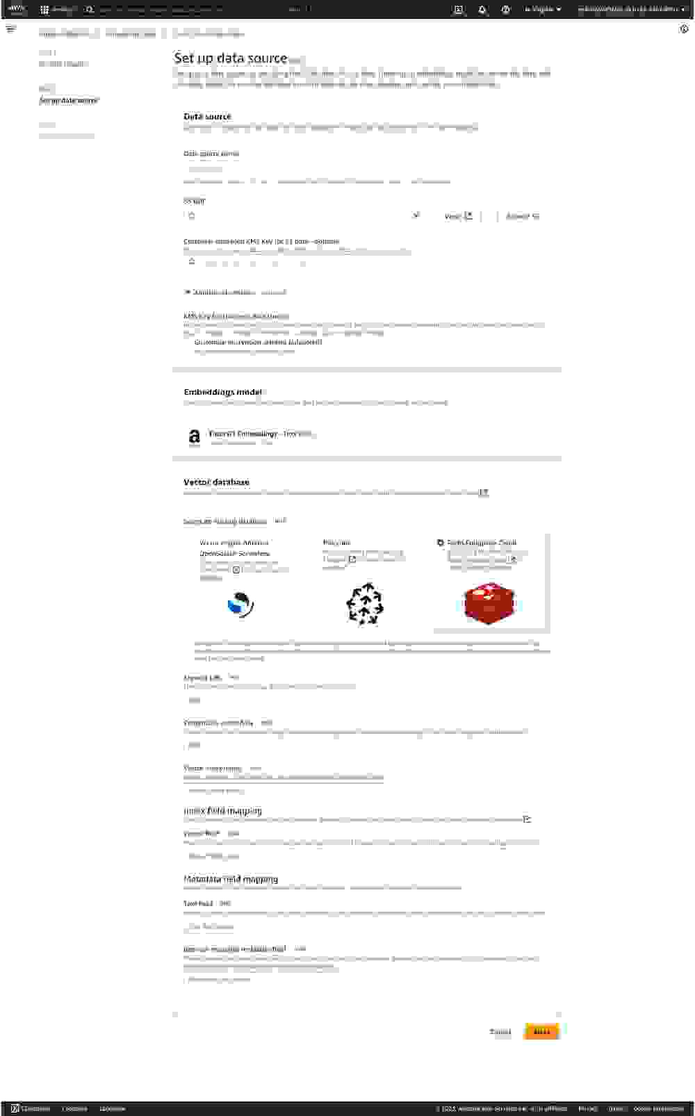 Amazon Bedrock configuration screen for selecting your vector database